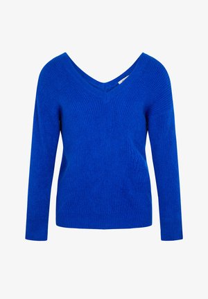 Sininen neulepaita, jossa on V-aukko, pitkät hihat ja teksturoitu kuvio. Materiaali näyttää pehmeältä ja hieman joustavalta.