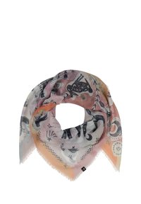Colorful triangular scarf in sheer fabric featuring various illustrative patterns, predominantly in shades of pink, gray, and orange.