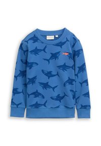 Felpa blu con motivo a squali in blu scuro, con un accento arancione a forma di squalo sul petto. Polsini e collo a costine. Materiale in cotone.