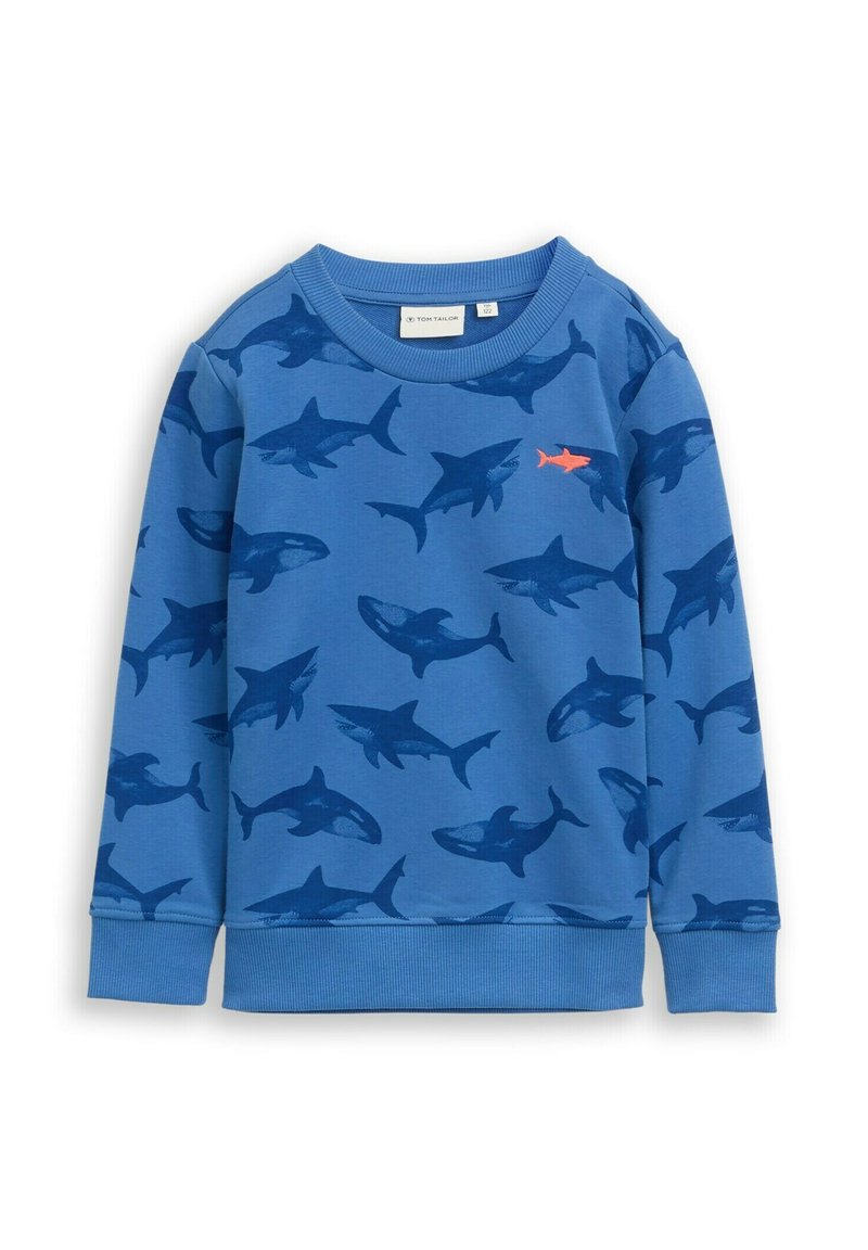 Felpa blu con motivo a squali in blu scuro, con un accento arancione a forma di squalo sul petto. Polsini e collo a costine. Materiale in cotone.