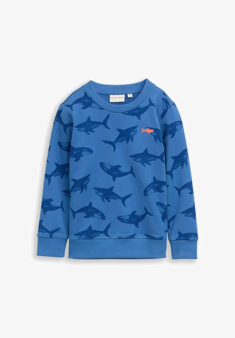 Felpa blu con motivo a squali in blu scuro, con un accento arancione a forma di squalo sul petto. Polsini e collo a costine. Materiale in cotone.