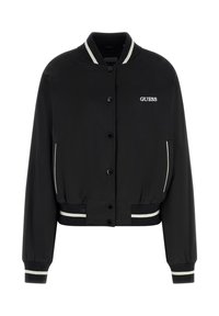 Giacca bomber nera con design aderente, caratterizzata da un colore uniforme, chiusura con bottoni a pressione, accenti a righe bianche e logo ricamato.