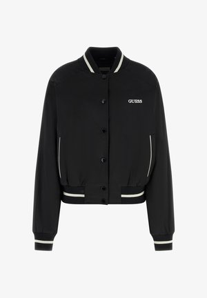 Giacca bomber nera con design aderente, caratterizzata da un colore uniforme, chiusura con bottoni a pressione, accenti a righe bianche e logo ricamato.