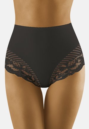 Hochgeschnittene schwarze Panties mit transparenten gestreiften und floralen Spitze-Seitenpaneelen, glattem Stoff und gewellten Kanten, die einen sicheren Sitz gewährleisten.