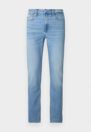 Hellblaue Jeans aus Denim mit geradem Bein, Fronttaschen und Knopfverschluss. Verfügt über dezente Ausbleichungen und eine Standardnaht.