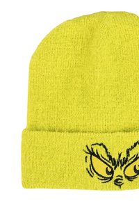 Beanie giallo a maglia con risvolto, caratterizzato da un volto di Grinch ricamato in nero con occhi in evidenza. Texture morbida, design informale.