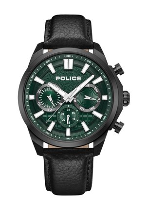 Svart läderarmbandsklocka med en mörkgrön texturdial, silverdetaljer och tre sub-dialer; har djärva timmarkörer och varumärkesnamn.