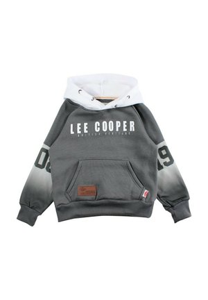 Sweat à capuche gris et blanc avec le texte "Lee Cooper British Heritage", poche avant et graphique "09" sur les manches.