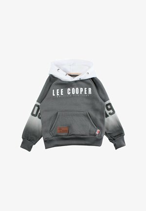 Sweat à capuche gris et blanc avec le texte "Lee Cooper British Heritage", poche avant et graphique "09" sur les manches.