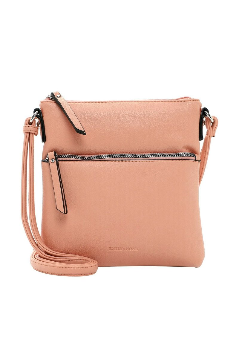 Borsa a tracolla in pelle pesca con tasca frontale con zip e tracolla regolabile. Texture liscia, design minimalista e branding discreto nella parte inferiore.