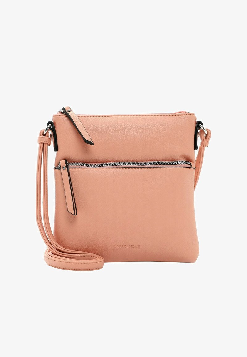 Borsa a tracolla in pelle pesca con tasca frontale con zip e tracolla regolabile. Texture liscia, design minimalista e branding discreto nella parte inferiore.