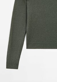 Maglione verde a maglia con maniche lunghe, scollatura rotonda e orlo dritto con dettagli a costine ai polsini e all'orlo. Texture liscia.