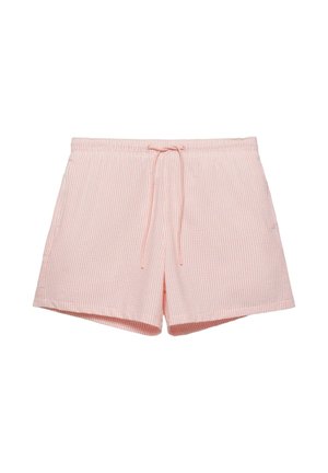 Light pink textured shorts with an elastic waistband and front drawstring, designed for casual wear.