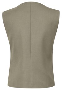 Ärmlös beige väst med en slät textur, som har en ren bakseam och en skräddarsydd design. Inga synliga knappar eller dekorationer.