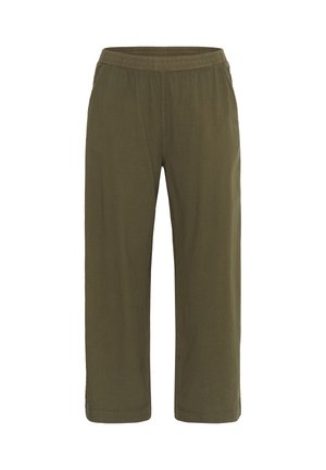 Olíva zöld, hétköznapi nadrág elasztikus derékpánttal és egyenes szárakkal, fehér háttéren megjelenítve.