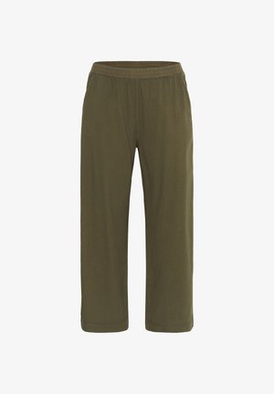 Pantalon décontracté vert olive avec une taille élastique et des jambes droites, présenté sur un fond blanc.