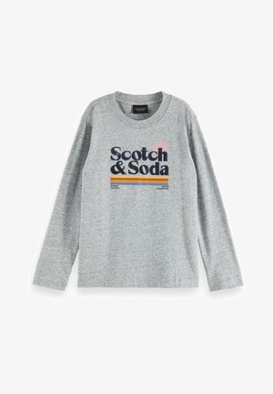 Lysegrå langærmet t-shirt af bomuld med rund hals. Har "Scotch & Soda"-logo i marineblå, pink og orange grafik.