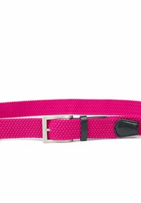 Cintura intrecciata rosa con fibbia metallica argento e dettagli in pelle nera, caratterizzata da una superficie testurizzata e lunghezza regolabile.