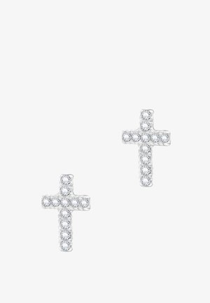 Kleine silberne Ohrringe in Kreuzform, jeweils besetzt mit zehn runden, klaren Edelsteinen in einem symmetrischen Muster.