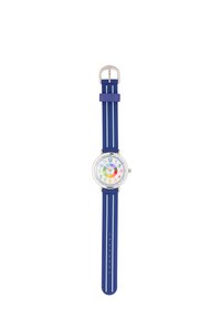 Montre colorée pour enfants avec un cadran rond blanc, un bracelet en silicone bleu et des repères horaires colorés dans un design ludique et facile à lire.
