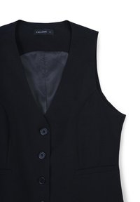 Schwarze ärmellose Weste mit V-Ausschnitt, fünf Knopfverschluss und zwei Taschen an den Seiten. Glattes Material mit kontrastierender Innenauskleidung.