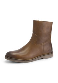 Bottine en cuir marron avec bout arrondi lisse, semelle plate et logo discret sur le talon, présentée sur fond blanc.
