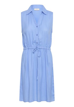 Robe sans manches bleu clair avec un devant à boutons, un col, une taille élastique et un détail à nouer. Tissu lisse avec une coupe décontractée et une jupe évasée.