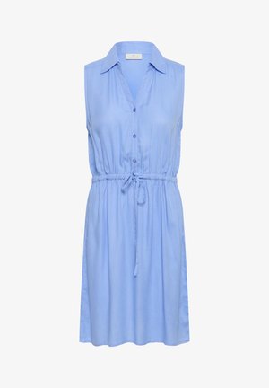 Light blue sleeveless dress with a button-down front, collar, elastic waist and tie detail. Smooth fabric with a relaxed fit and a flared skirt.
