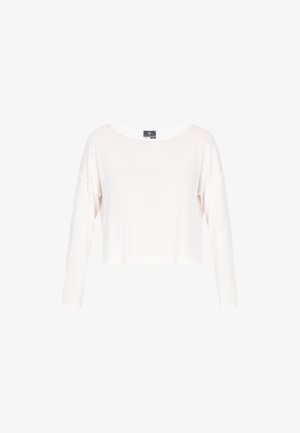 Witte langmouwige cropped top met een brede ronde halslijn en verlaagde schouders, gemaakt van zachte stof. Geen zichtbare patronen of accenten.