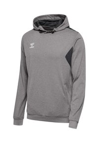 Szara bluza z kapturem i długim rękawem, czarny panel boczny, kaptur ze ściągaczem oraz biały logo Hummel na górnej lewej części klatki piersiowej.