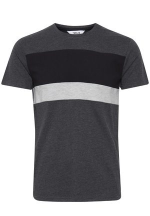 Men's short-sleeve T-shirt in dark grey, featuring black and light grey horizontal stripes. Soft cotton material with a crew neckline.