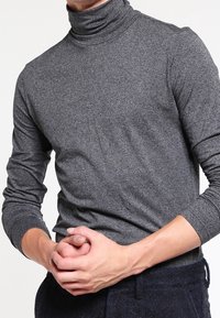 Grauer Rollkragenpullover aus einem strukturierten Stoff mit langen Ärmeln und einer figurnahen Passform, ausgestattet mit einem hohen Kragen und ohne sichtbare Muster.
