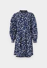 Robe longue à manches longues à fleurs bleues, noires et blanches avec bords festonnés, devant boutonné, taille cintrée et ourlet court.