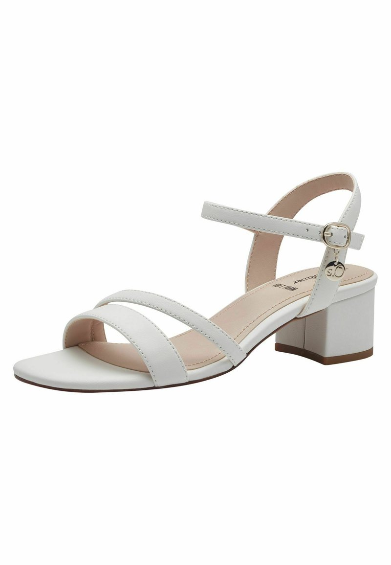 Sandale blanche avec trois sangles croisées et une boucle. Présente un design à bout carré et un petit talon bloc. Matériau en similicuir lisse.