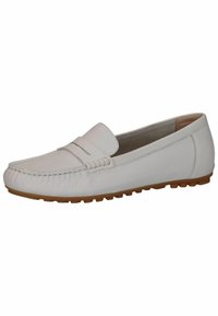 Weiße Lederloafer mit detaillierter Stickerei, abgerundetem Zehenbereich und strukturiertem Obermaterial. Verfügt über eine Gummisohle mit Profil.