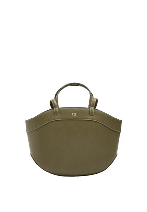 Torebka skórzana w kolorze oliwkowej zieleni z dwoma górnymi uchwytami, zakrzywioną górną krawędzią, białym przeszyciem i inicjałami "RG" z przodu.