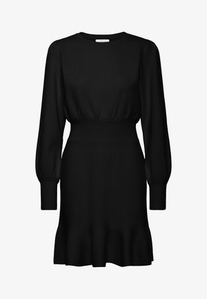 Abito in maglia nera con maniche lunghe a sbuffo, vita arricciata e orlo svasato. Tessuto morbido con un classico scollo rotondo.