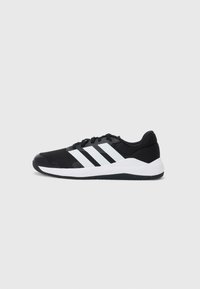 Black athletic shoe with mesh upper, three white stripes on the side, padded collar, and textured rubber sole. Lightweight design.