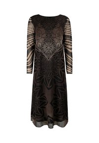 Schwarzes langärmliges Kleid mit floralem Muster, geradem Schnitt und rundem Ausschnitt. Durchsichtige Ärmel mit gestreiften Akzenten.