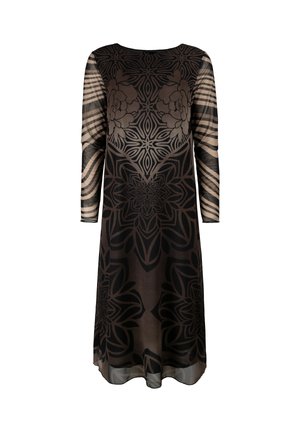 Black long-sleeve dress featuring a floral pattern, a straight cut, and a round neckline. Sheer sleeves with striped accents.