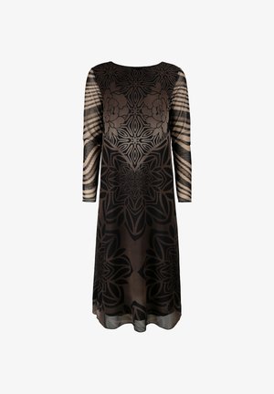 Schwarzes langärmliges Kleid mit floralem Muster, geradem Schnitt und rundem Ausschnitt. Durchsichtige Ärmel mit gestreiften Akzenten.