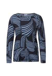 Tops à manches longues en tissu noir avec des motifs de lignes courbes bleues, décolleté rond et coupe décontractée.