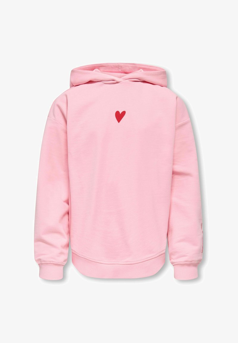 Sweat à capuche rose à manches longues avec un petit cœur rouge centré sur la poitrine.