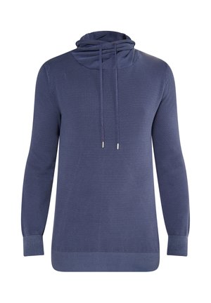 Dunkelblaues Sweatshirt mit Kapuze, langen Ärmeln und strukturiertem Stoff, der ein dezentes Muster aufweist. Abgerundet mit Rippstrickbündchen am Saum und an den Ärmeln.