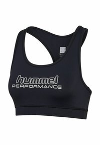 Schwarzer Sport-BH aus synthetischem Material mit Racerback-Design. Weißer "hummel PERFORMANCE"-Schriftzug auf der Vorderseite. Glatte Textur und Nähte.