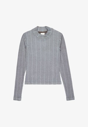 Long-sleeve top in light gray and navy stripes. Features a high neck and fitted design with stretch fabric. Seam detailing at cuffs and hem.