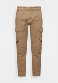 Khakifarbene Cargo-Hose aus Baumwollstoff, mit zwei Seitentaschen, Reißverschluss und einer figurschmeichelnden, schmal geschnittenen Passform.