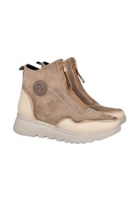 Zapatillas de ante beige y topo hasta el tobillo con cremallera frontal, suela de goma y parche de logo redondo en el lateral.