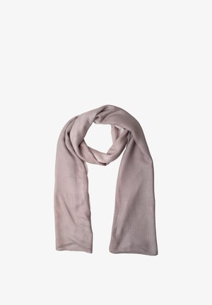 Lyse mauve tørklæde med subtilt ternet mønster, løst bundet med enderne hængende jævnt.
