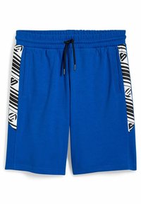 Siniset urheilushortsit, joissa on joustava vyötärö ja musta naru. Ominaisuuksiin kuuluvat valkoiset sivut, joissa on geometristen mustien kuvioiden malli, sekä taskut.